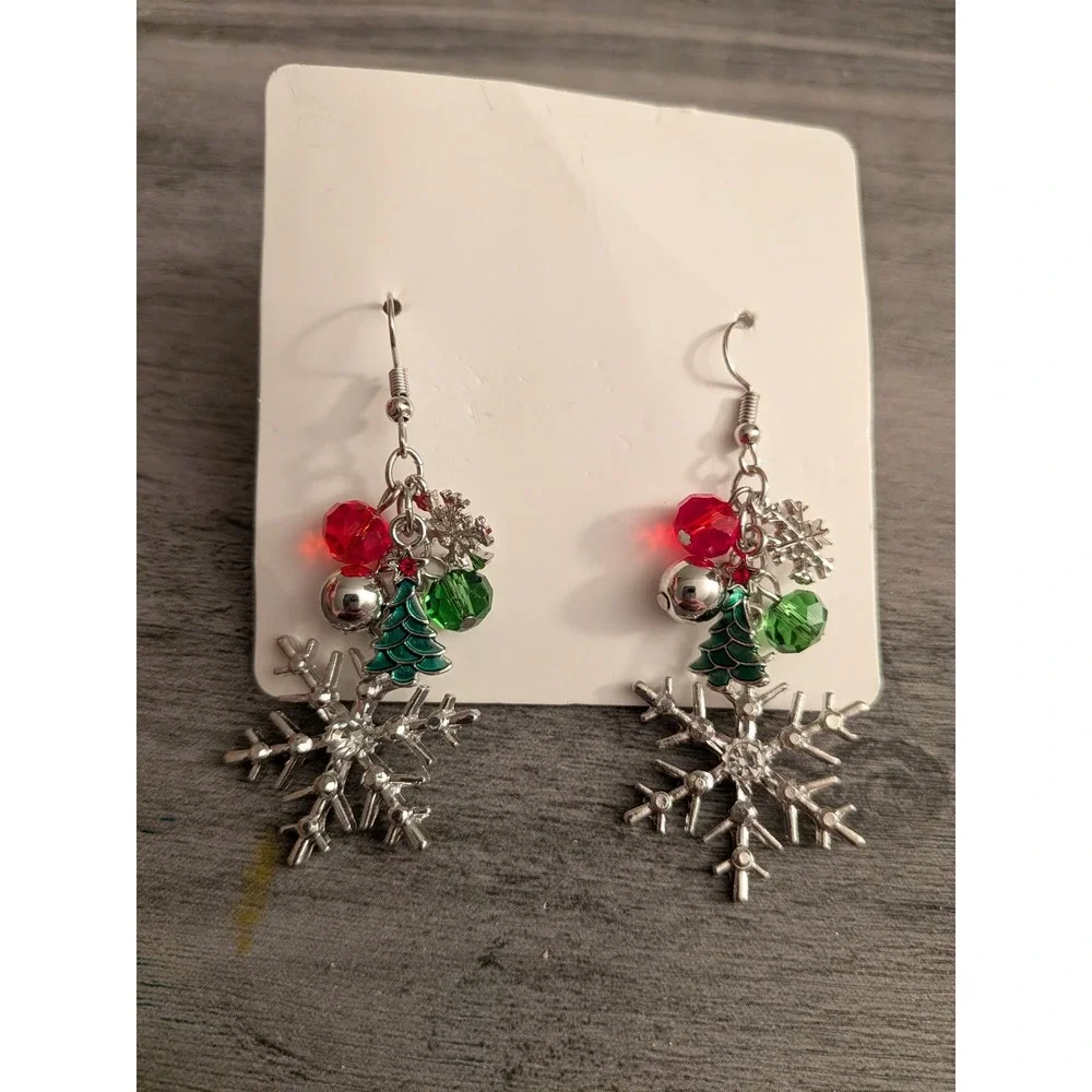 Christmas Holiday Snowflake Christmas Tree Charm Drop Earrings Silver Tone